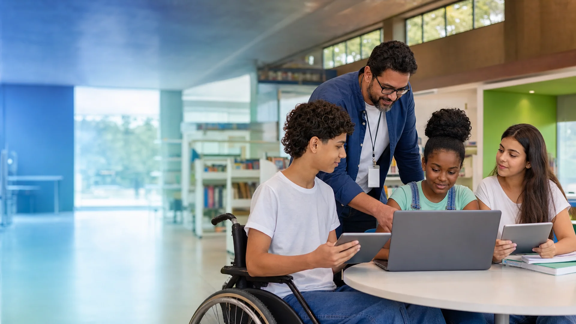 Professora e estudantes acessando serviços educacionais digitais em ambiente público brasileiro
